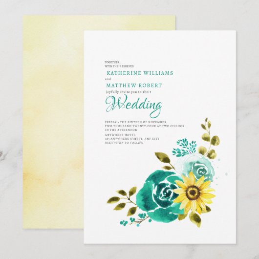 Blauwgroen gele zonnebloem bloemenbruiloft kaart (Voorkant / Achterkant)