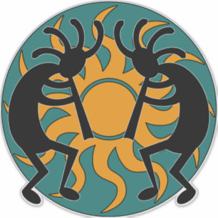Blauwgroen-gele zuidwest Kokopelli Tribal Sun Sticker