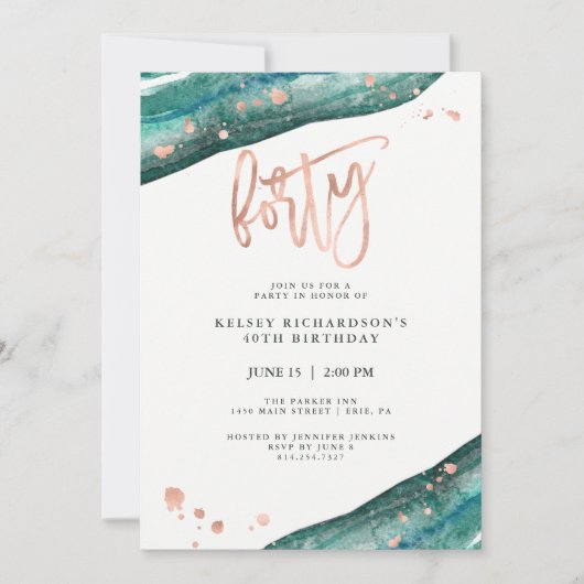 Blauwgroen Geode en Faux Roos Gold Look | 40e verj Kaart (Voorkant)