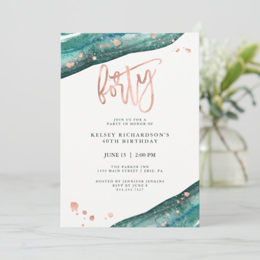 Blauwgroen Geode en Faux Roos Gold Look | 40e verj Kaart (Staand voorkant)