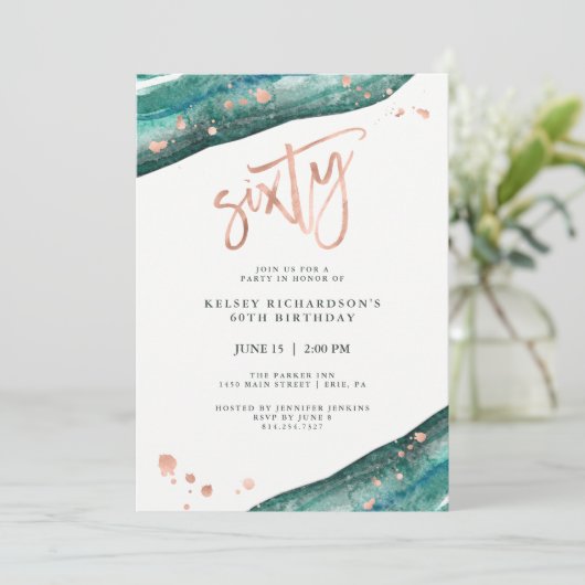 Blauwgroen Geode en Faux Roos Gold look | 60e verj Kaart (Staand voorkant)