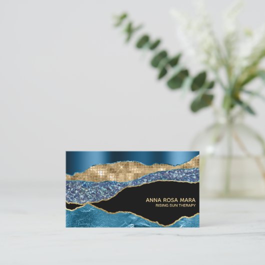 *~* Blauwgroen geode glitter Glam Black Visitekaartje (Staand voorkant)