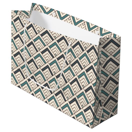 Blauwgroen geometrisch patroon groot cadeauzakje (Voorkant Gekanteld)
