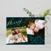 Blauwgroen gepenseld 3 foto folie feestdagenkaart (Staand Voorkant)