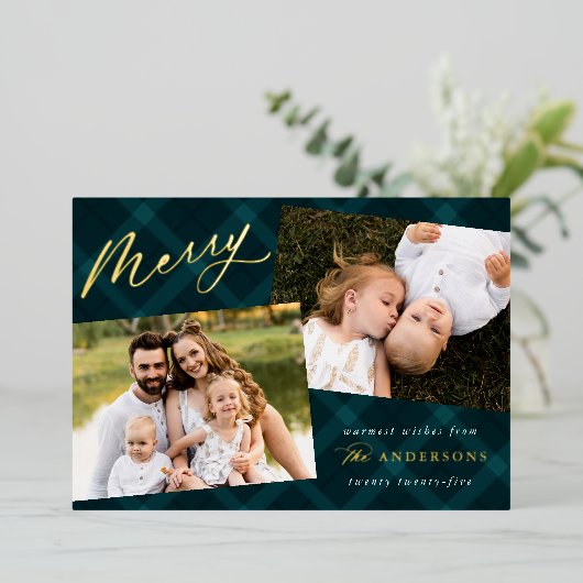 Blauwgroen gepenseld 3 foto folie feestdagenkaart (Staand Voorkant)