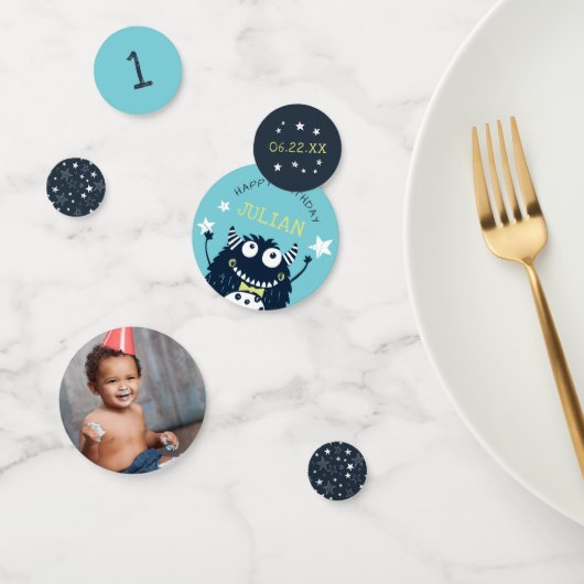 Blauwgroen | Gepersonaliseerd klein monster verjaa Confetti (Groep)