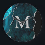 Blauwgroen gepersonaliseerd monogram acryl grote klok<br><div class="desc">Pas deze Blauwgroen Agate Acrylwand-klok aan en voeg aangepaste tekst toe aan het ontwerp.</div>