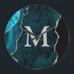 Blauwgroen gepersonaliseerd monogram acryl grote klok<br><div class="desc">Pas deze Blauwgroen Agate Acrylwand-klok aan en voeg aangepaste tekst toe aan het ontwerp.</div>