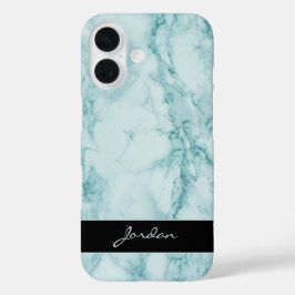 Blauwgroen gepolijste marmeren steen met naam iPhone 16 hoesje