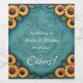 Blauwgroen Gereedschapsleer Zonnebloem Border Wedd Wijn Etiket (Enkel label)