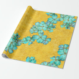Blauwgroen getextureerd en gegolden floreel patroo cadeaupapier