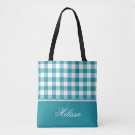 Blauwgroen Gingham | Gepersonaliseerd Tote Bag
