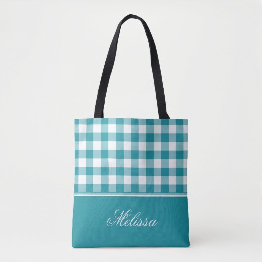 Blauwgroen Gingham | Gepersonaliseerd Tote Bag (Voorkant)