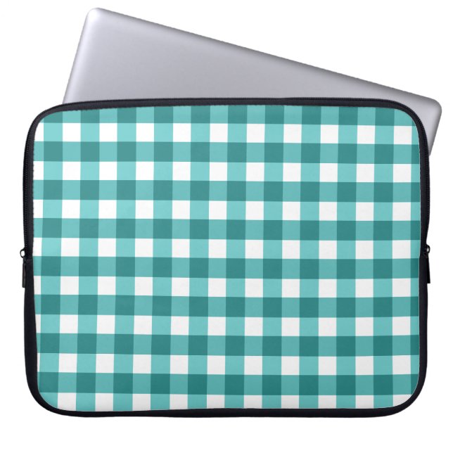 Blauwgroen gingham laptop sleeve (Voorkant)