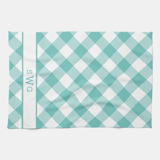 Blauwgroen Gingham Monogram Theedoek (Horizontaal)