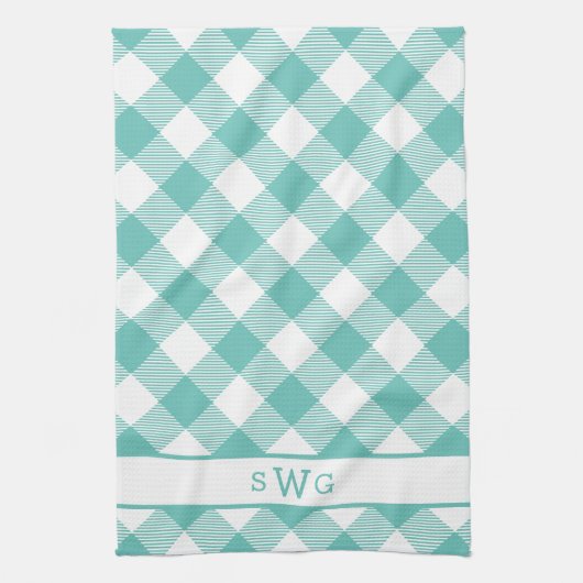 Blauwgroen Gingham Monogram Theedoek (Verticaal)