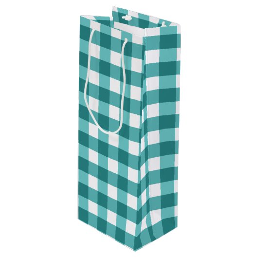 Blauwgroen gingham wijn cadeautas (Voorkant Gekanteld)