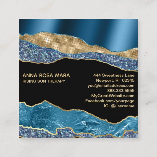 *~* Blauwgroen Glam Agate Geode Gold Glitter Black Vierkante Visitekaartje (Achterkant)