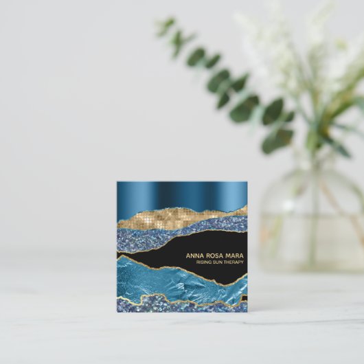 *~* Blauwgroen Glam Agate Geode Gold Glitter Black Vierkante Visitekaartje (Staand voorkant)