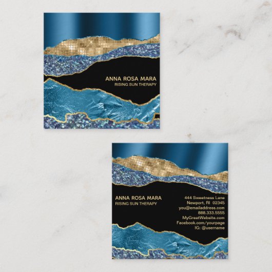 *~* Blauwgroen Glam Agate Geode Gold Glitter Black Vierkante Visitekaartje (Voorkant / Achterkant)