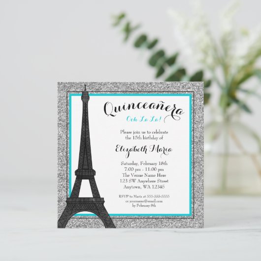 Blauwgroen Glam Paris Faux Silver Glitter Quincean Kaart (Staand voorkant)