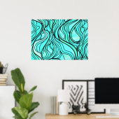 Blauwgroen Glas in lood Abstract Poster (Thuiskantoor)