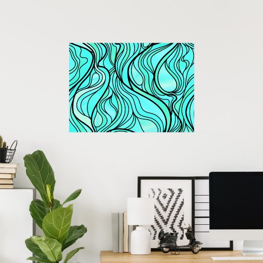 Blauwgroen Glas in lood Abstract Poster (Thuiskantoor)