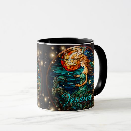 Blauwgroen Glas in lood Fantasy Zeemeermin Mok (Voorkant rechts)