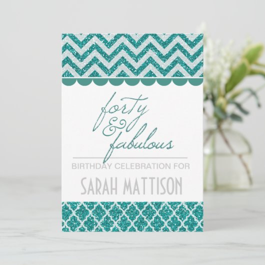 Blauwgroen Glitter 40 en Fabulous Birthday Invite Kaart (Staand voorkant)