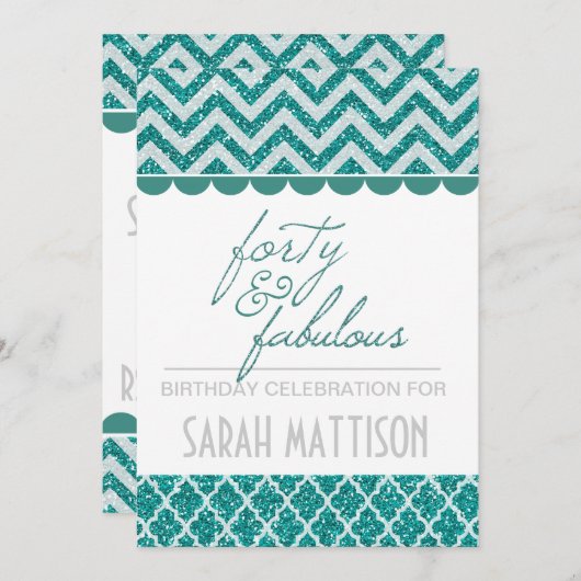 Blauwgroen Glitter 40 en Fabulous Birthday Invite Kaart (Voorkant / Achterkant)