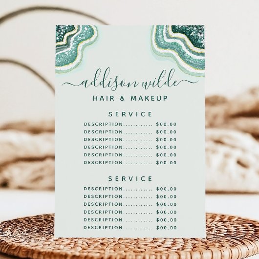 Blauwgroen Glitter Agate Geode Service Prijsmenu Menu