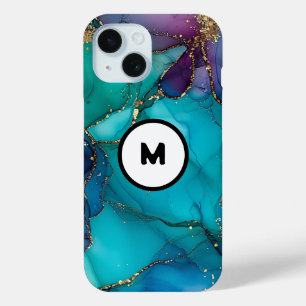 Blauwgroen Glitter Alcohol Ink Achtergronden iPhone 15 Case