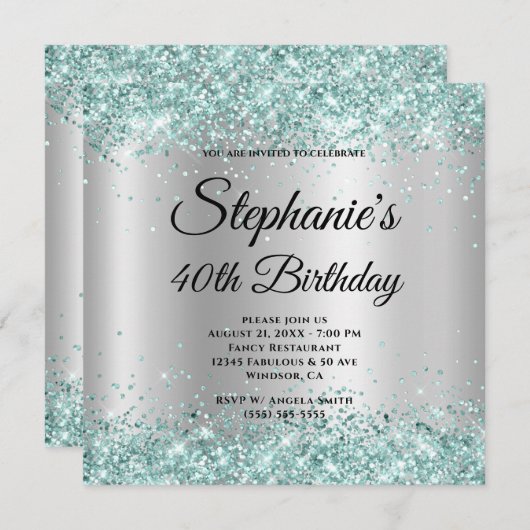 Blauwgroen Glitter Bleek Zilvergradiënt 40e verjaa Kaart (Voorkant / Achterkant)