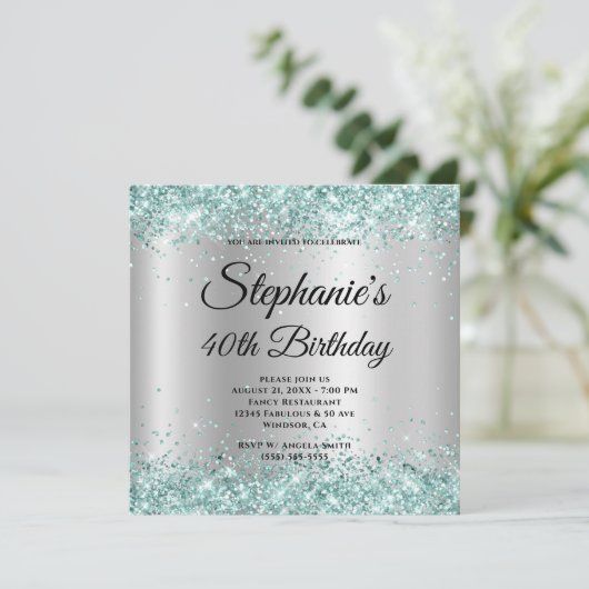 Blauwgroen Glitter Bleek Zilvergradiënt 40e verjaa Kaart (Staand voorkant)