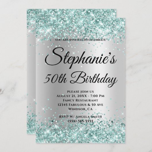 Blauwgroen Glitter Bleek Zilvergradiënt Kaart (Voorkant / Achterkant)