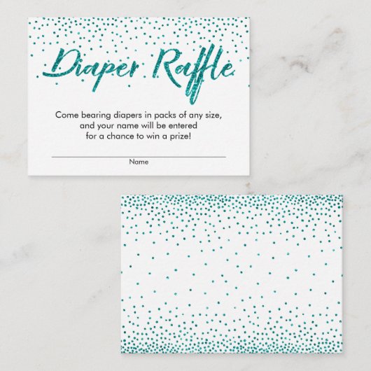 Blauwgroen Glitter Confetti Script Diaper Raffle T Informatiekaartje (Voorkant / Achterkant)