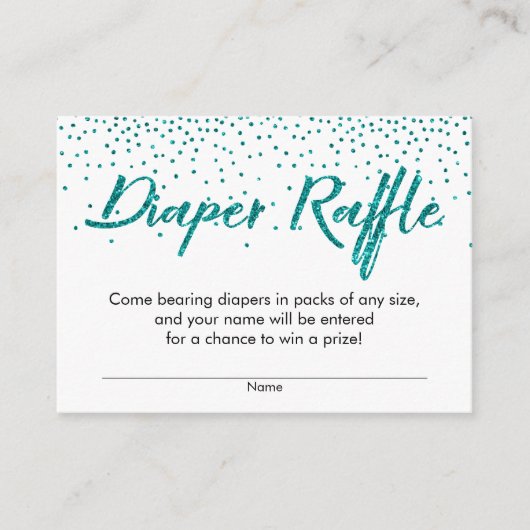 Blauwgroen Glitter Confetti Script Diaper Raffle T Informatiekaartje (Voorkant)