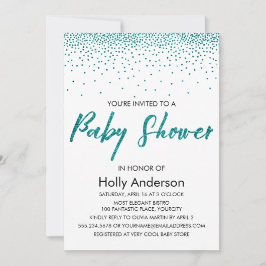 Blauwgroen Glitter Confetti & Typografie Baby show Kaart (Voorkant)