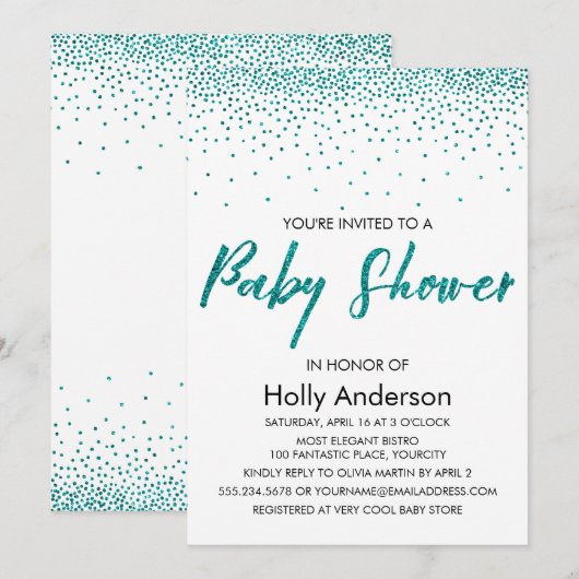 Blauwgroen Glitter Confetti & Typografie Baby show Kaart (Voorkant / Achterkant)