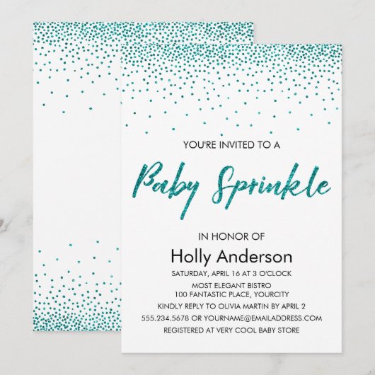 Blauwgroen Glitter Confetti & Typografie Baby Spri Kaart (Voorkant / Achterkant)