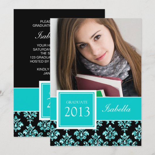 Blauwgroen GLITTER DAMASK AFSTUDEERDER FOTO Kaart (Voorkant / Achterkant)