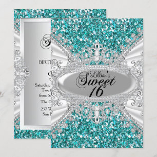Blauwgroen Glitter Diamond Tiara Sweet 16 Invite Kaart