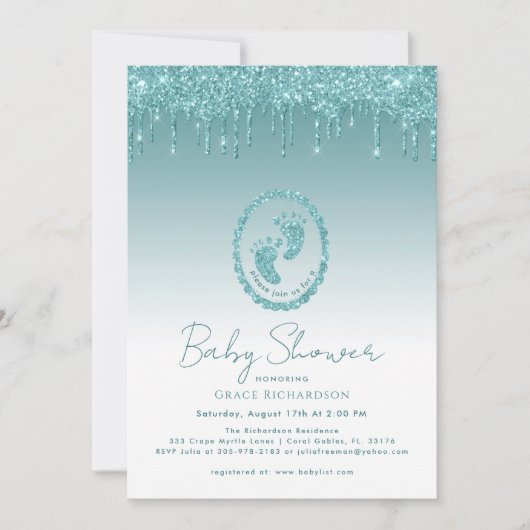 Blauwgroen Glitter Drips Baby shower Uitnodiging (Voorkant)