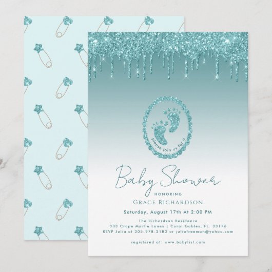 Blauwgroen Glitter Drips Baby shower Uitnodiging (Voorkant / Achterkant)