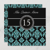 BLAUWGROEN GLITTER EFFECT BLACK DAMASK QUINCEANERA KAART (Voorkant / Achterkant)