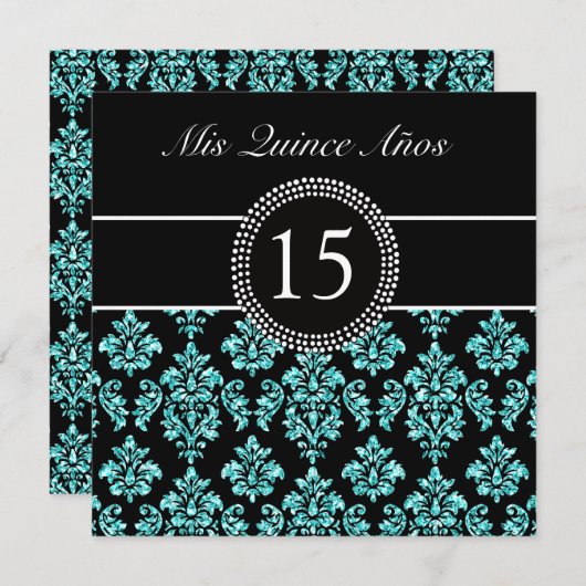 BLAUWGROEN GLITTER EFFECT BLACK DAMASK QUINCEANERA KAART (Voorkant / Achterkant)
