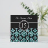 BLAUWGROEN GLITTER EFFECT BLACK DAMASK QUINCEANERA KAART (Staand voorkant)
