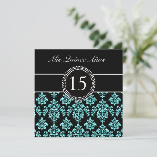 BLAUWGROEN GLITTER EFFECT BLACK DAMASK QUINCEANERA KAART (Staand voorkant)