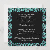 BLAUWGROEN GLITTER EFFECT BLACK DAMASK QUINCEANERA KAART (Achterkant)