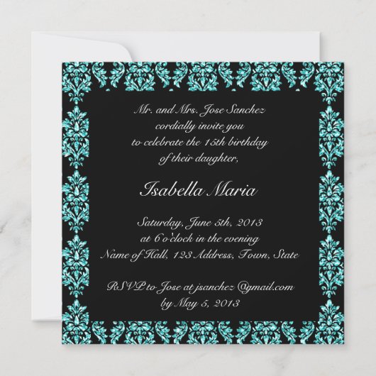 BLAUWGROEN GLITTER EFFECT BLACK DAMASK QUINCEANERA KAART (Achterkant)